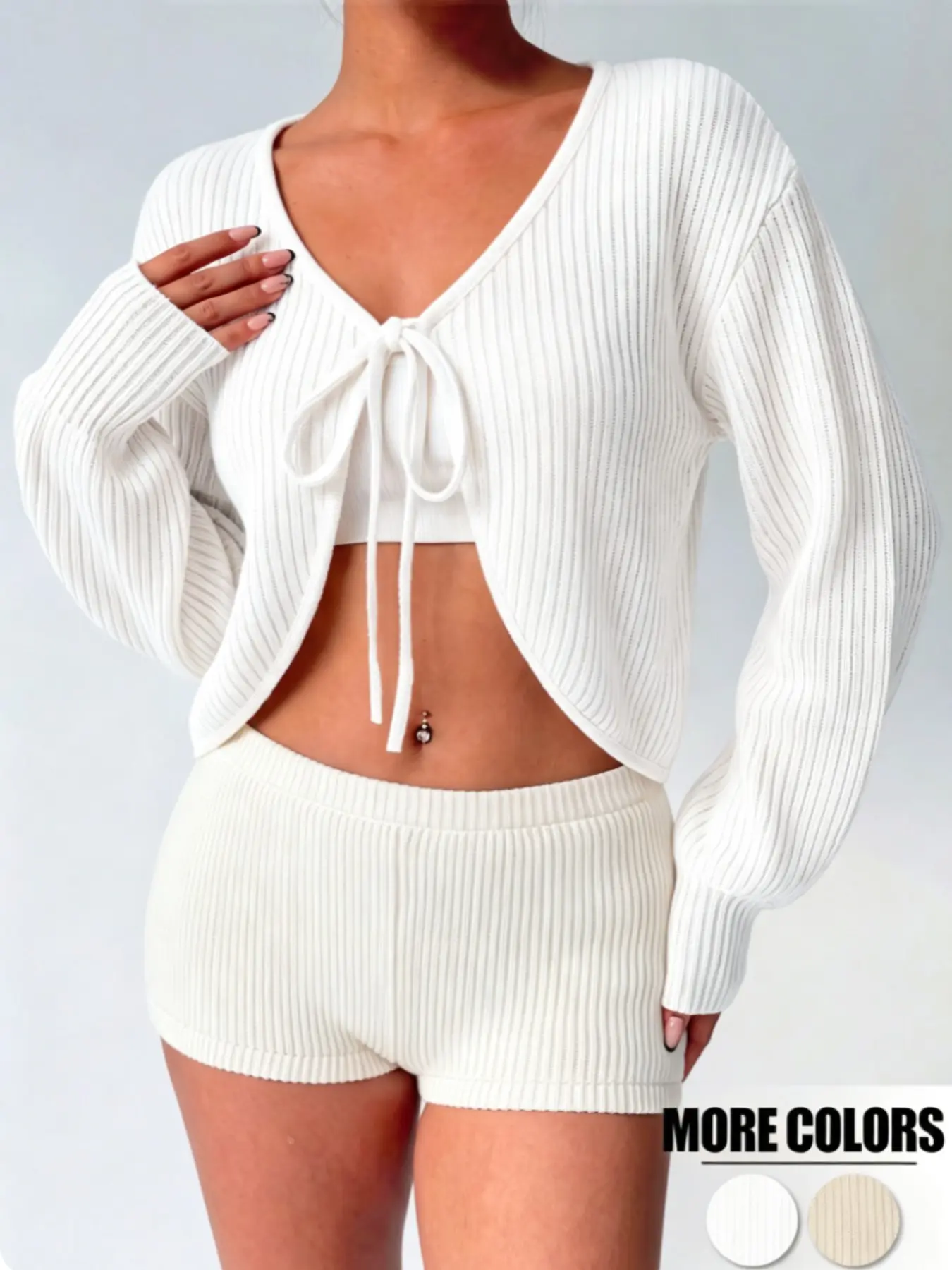 Women Ribbed Knit Tie Front Cropped Cardigan, Faux Wool Loose Bishop Long Sleeve Casual Cover Up for Daily Brunch Coffee Date