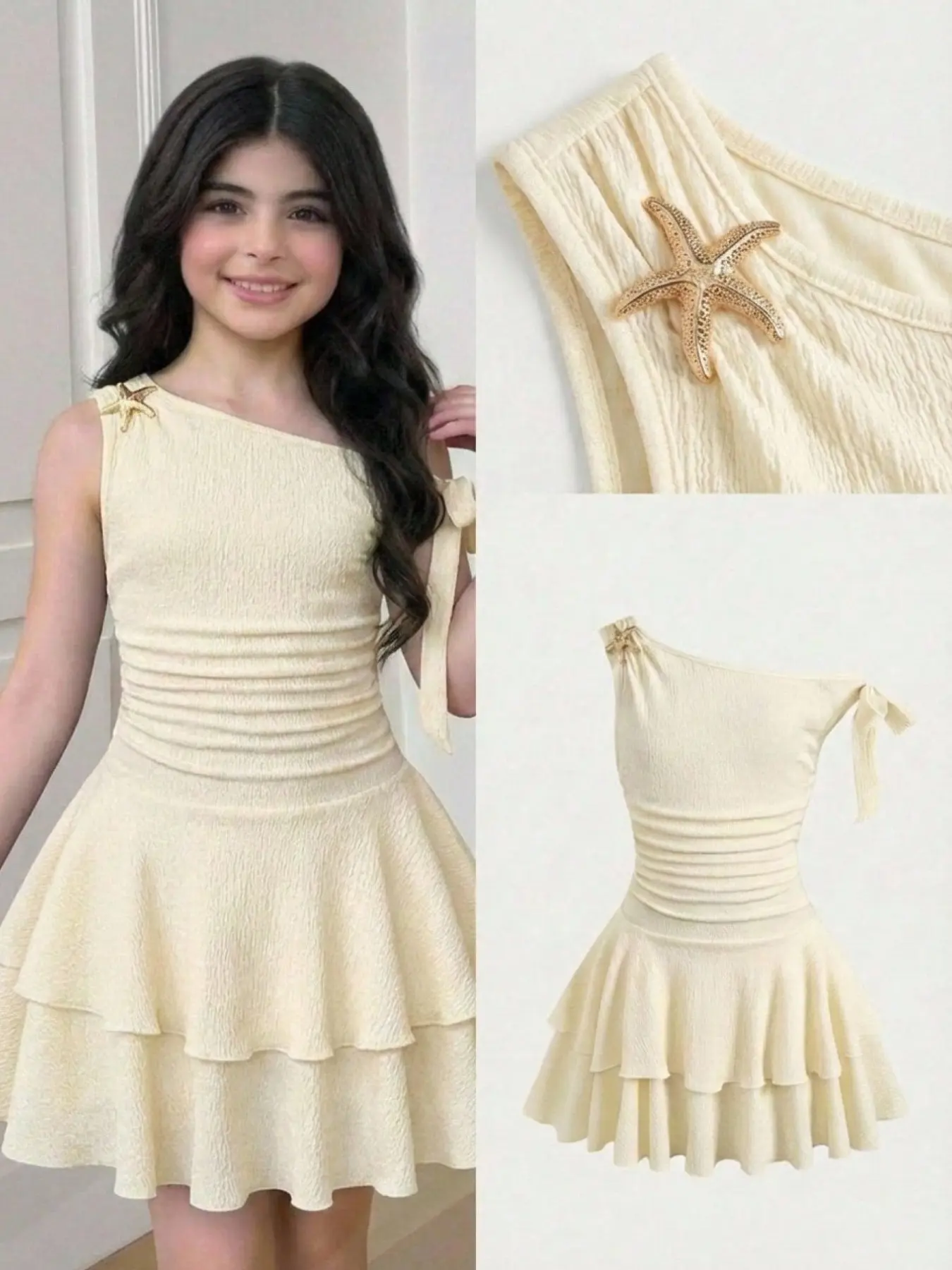 Girls' Off-Shoulder Mini Dress with Ruffled Hem, Textured Layered Skirt, Safety Pants Design, Bow and Star Decor, Casual Party Wear