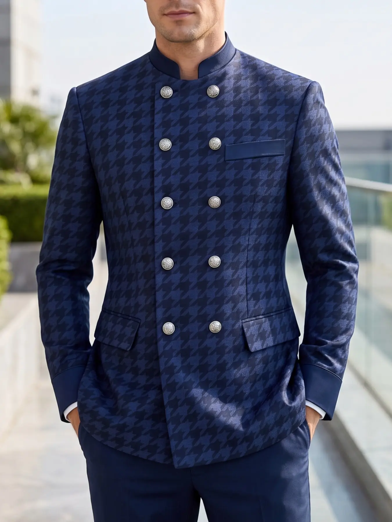 Ainwear Men Navy Houndstooth Print Blazer Jacket, Stand Collar Double Breasted, Irregular Placket, Formal Occasion Wear