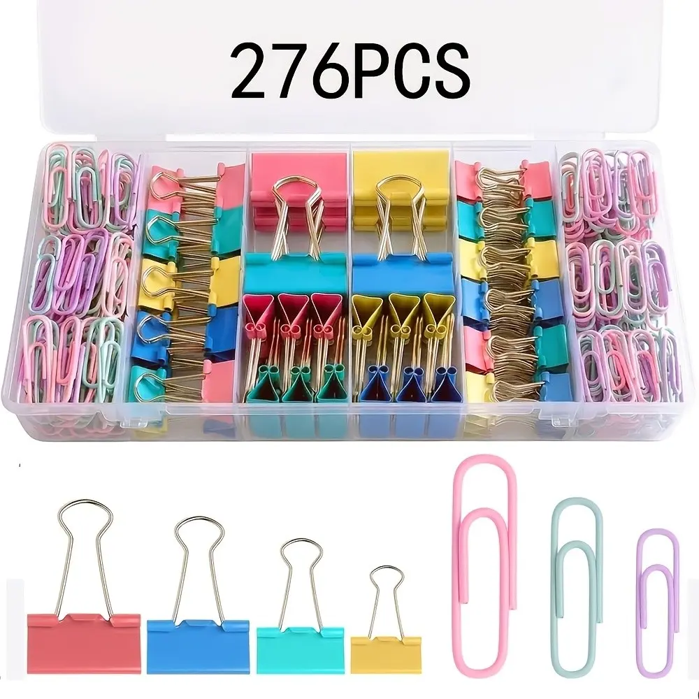 276pcs Colorful Binder Clips and Paper Clips Set - 4 Sizes Binder Clips + 2 Sizes Paper Clips, Macaron Colored Office Clips with Storage Box Organizer for Office, School, Home and Daily Use Paperclips