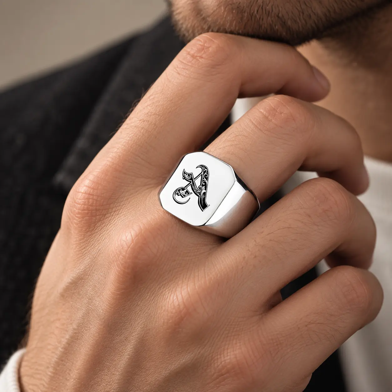 18MM Stainless Steel Square Signet Ring for Men and Women, Laser Engraved A-Z Letter Initial Ring, Smooth Polished Alphabet Statement Ring, Classic Unisex Fashion Jewelry for Daily Wear Party Date Anniversary Birthday Holiday Gift