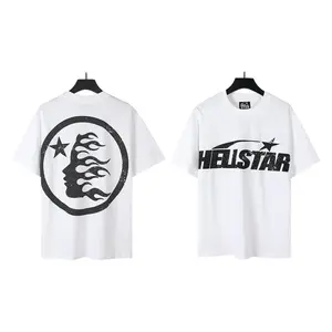 Hellstar Men Oversized White Vintage Distressed Logo Graphic Tee, Double Sided Flame Head Star Print Short Sleeve T-shirt For 4th Of July Gothic Streetwear Outfit