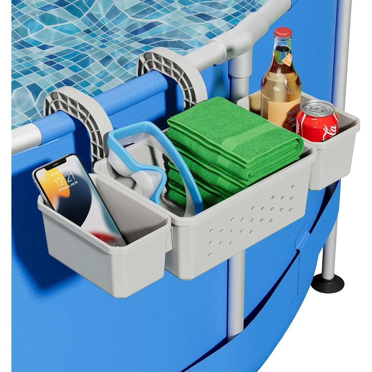 Poolside Storage for Above Ground Pool Accessories, Thickened Plastic Pool Basket with 2 Pool Cup Holder, Multifunctional Poolside Holder Fits for Most Frame Pools (1 Pack)