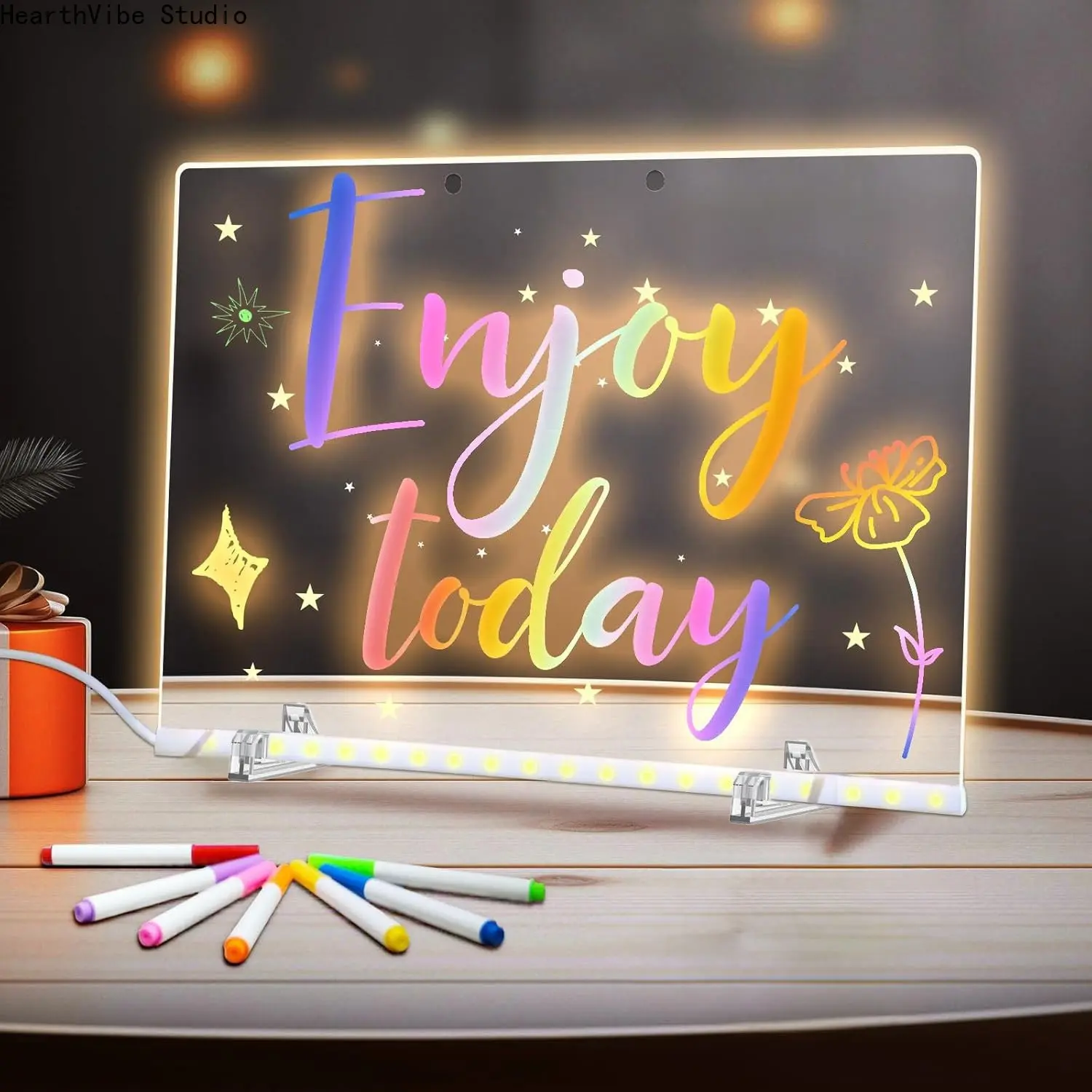 LED Acrylic Message Night Light - Light Up Dry Erase Tool with Glow Markers, Cool Office Stuff for Desk, Creative DIY Note Decor for Home Bedroom, Christmas Birthday Gift
