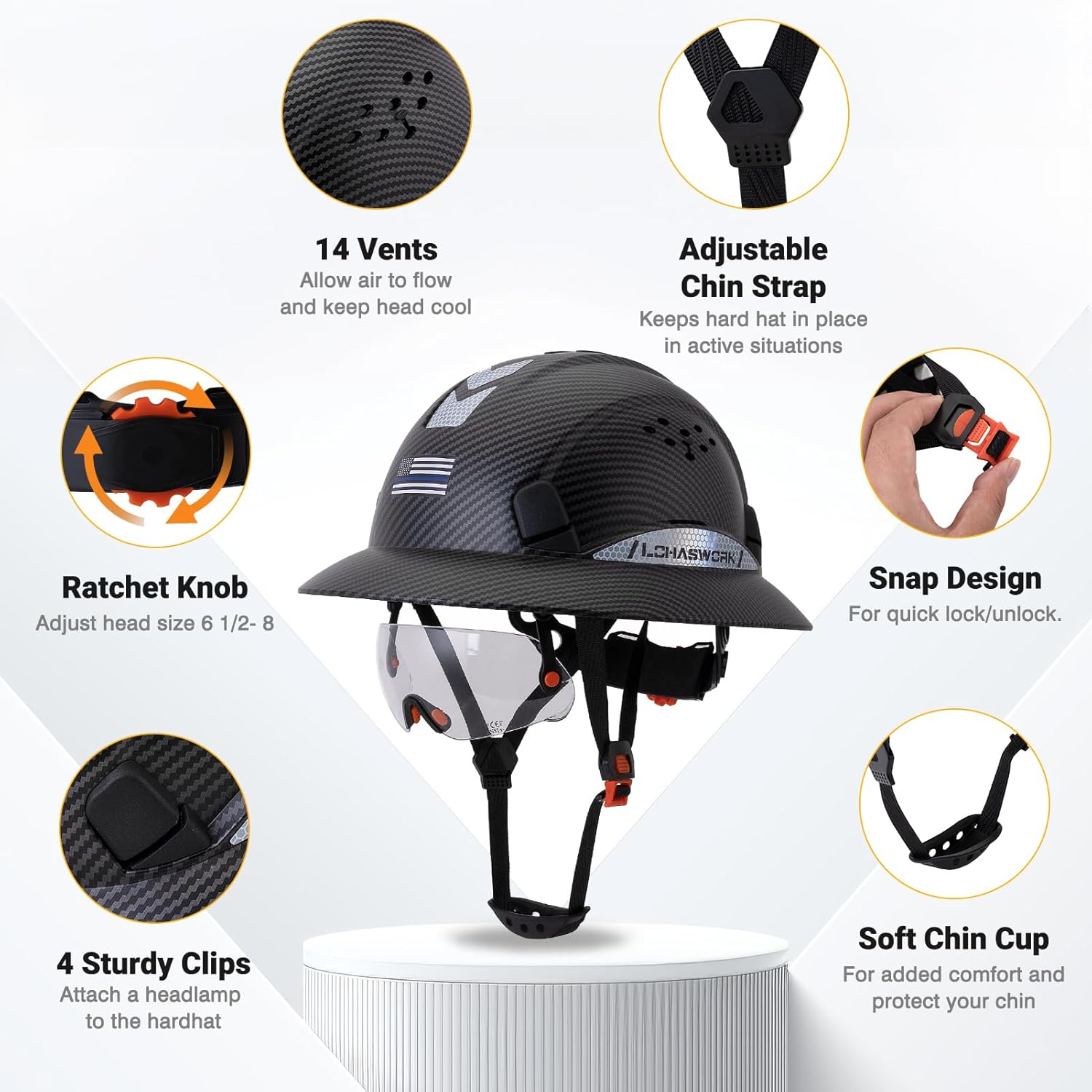 Full Brim Hard Hat ABS Safety Helmet with 6 Point Adjustable Ratchet Suspension Vented Industrial Work Hardhat with Visor Reflective Stickers
