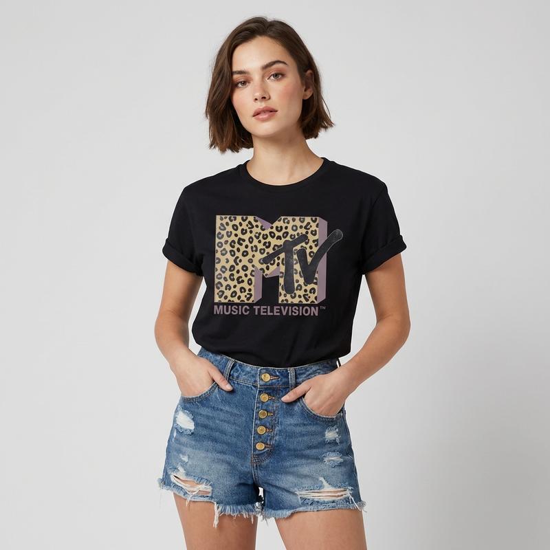 Women's MTV Leopard Print Round Neck Tee Fitted Short Sleeve T-Shirt for Summer Casual Wear Ladies Clothes Top with Unique Print and Durable Fabric