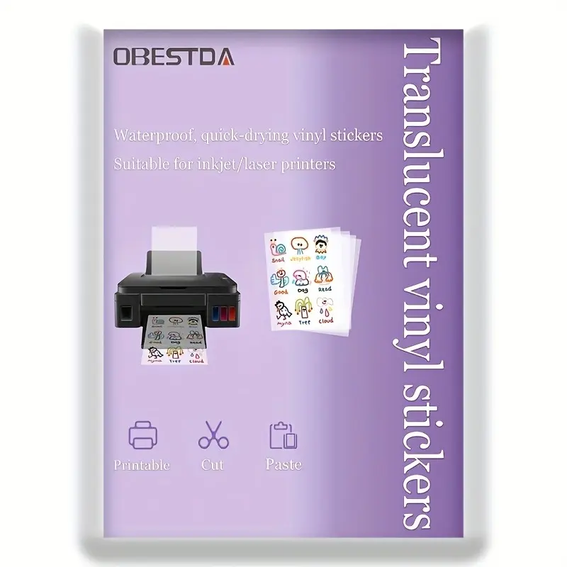 10 A4 size (8.25 "x11.7")  transparent/translucent printable vinyl stickers, vinyl stickers for inkjet/laser printers, fast drying.