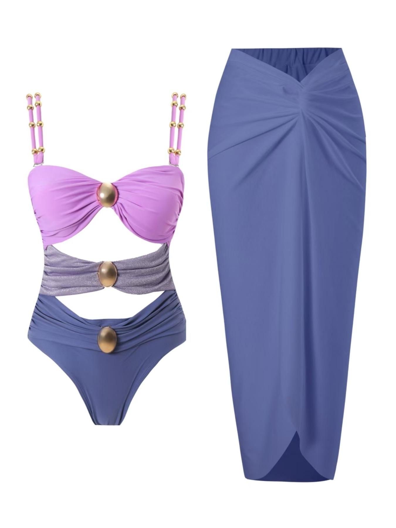 Women's Cut Out Ruched One-piece Swimsuit & Knot Side Cover Up Skirt Set, Solid Sleeveless Swim Top & Cover Up Skirt, Ladies Swimsuit for Beach Holiday Vacation, Swimsuit Cover Ups