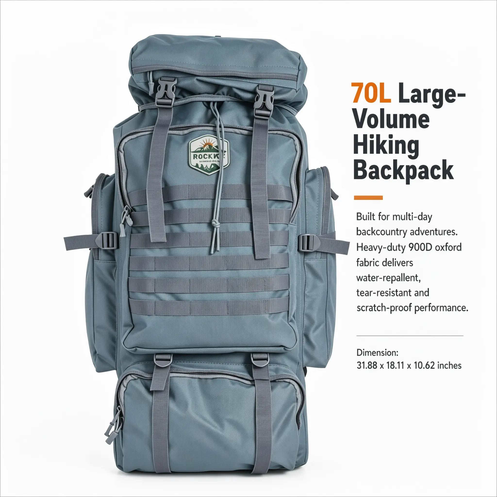 Hiking Backpack,70L Camping Backpack,Waterproof 900D Oxford Cloth Bag,Durable Outdoor Hiking Backpack,Widened Straps,Hunting,Travel,Mountaineering,Military Rucksack Molle 3 Days Assault Pack for Climbing Gray Blue