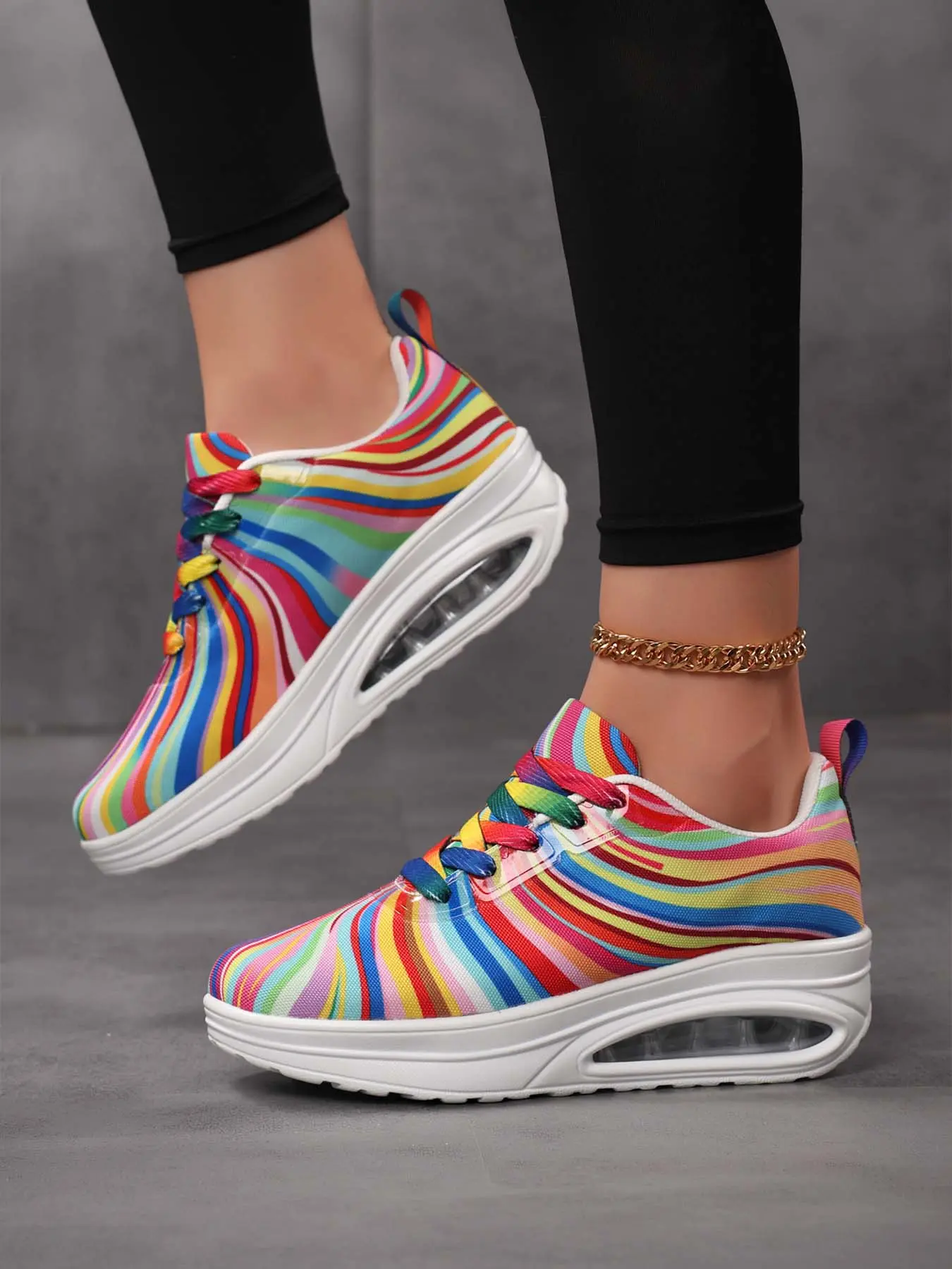 Women's Rainbow Stripe Print Air Cushion Platform Casual Sneakers, Colorful Lace Lightweight Lace-Up Height Increasing Wedge Dad Shoes, Non-Slip Training Footwear for Jogging & Daily Commute