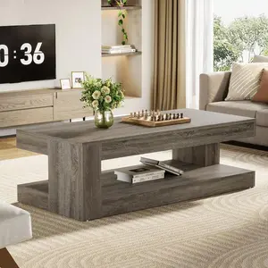 Elegant Grey 47.24-Inch Farmhouse 2-Tier Rectangular Living Room Center Table with Storage, Indoor Cocktail Table