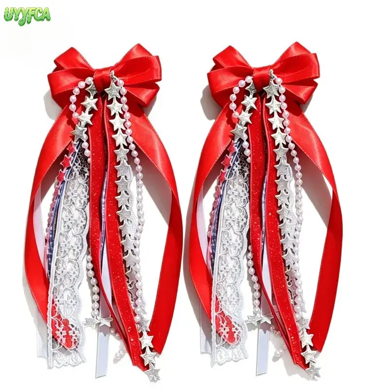 2 Pcs Patriotic Boot Charms - Red White Blue Layered Bow with Lace Pearl Star Tassels, Detachable Clip-On Ribbon Ornaments for Western Cowboy Boots, Enhances Patriotic Holiday Attire, Summerwins Bag Accessory, 4Th Of July, Country Concert, Red Pair, Detac