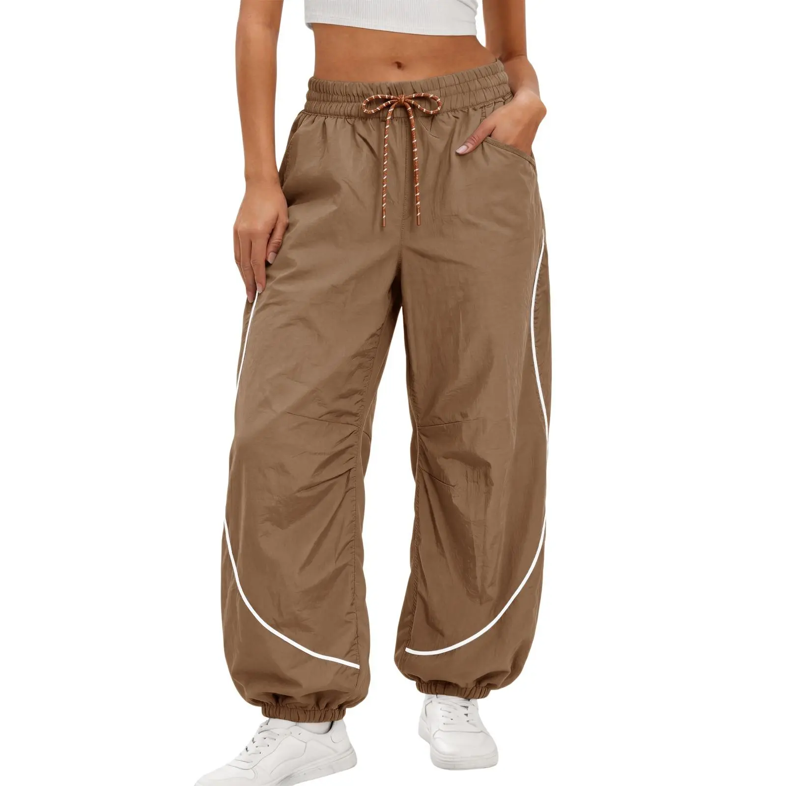Aoysky Women's Urban Athletic Parachute Pants, High Waist Baggy Nylon Joggers with Pockets and Contrast Ankle Cuffs, Light Outdoor Activities, Street-Style Outings,back to school shopping, Relaxed Fit, Sporty Pants