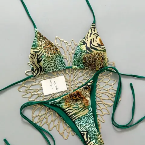 Women's Two-Piece Bikini Set, Sexy Animal Leopard Print Drawstring Backless Side-Tie Striped Triangle Bikini Swimwear for Pool Parties & Music Festivals, Bikini Tops And Bottoms