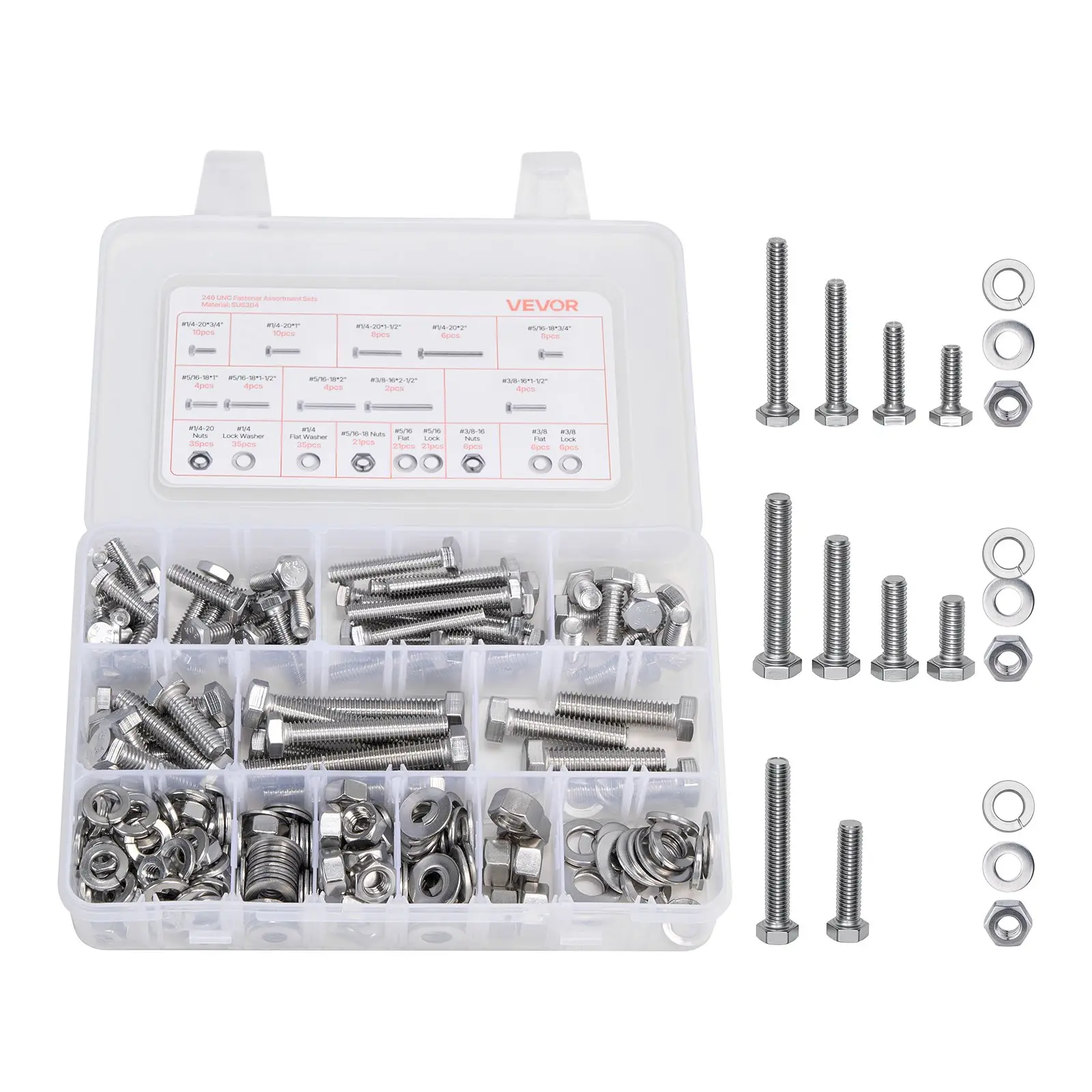【DealsForYouDays】VEVOR 246 Pcs Bolts and Nuts Assortment Kit, Imperial Screws and Flat Washers, Stainless Steel 1/4-20, 5/16-18, 3/8-16, Spring Lock Washers for Furniture/ Equipment/Vehicle Assembly with Case