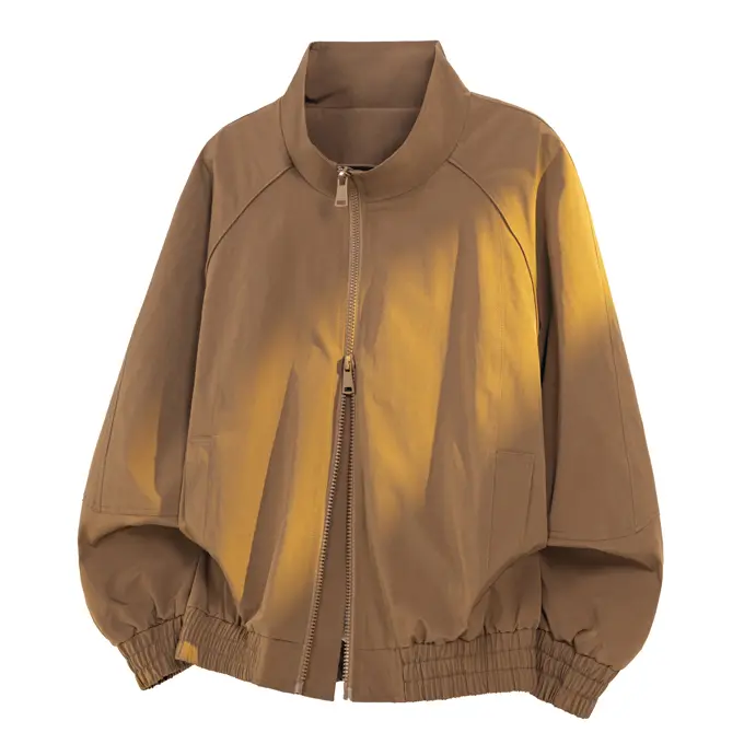 Men's Solid Brown Stand-Collar Raglan-Sleeve Zip-Up Jacket Coats - Hidden Side Pockets, Elastic Ribbed Hem & Cuffs, Loose-Fit Windproof Soft Fabric Minimalist Streetwear Outerwear For Daily Commute, Casual Outfits, Zip Up Jackets, Side Hidden Pockets