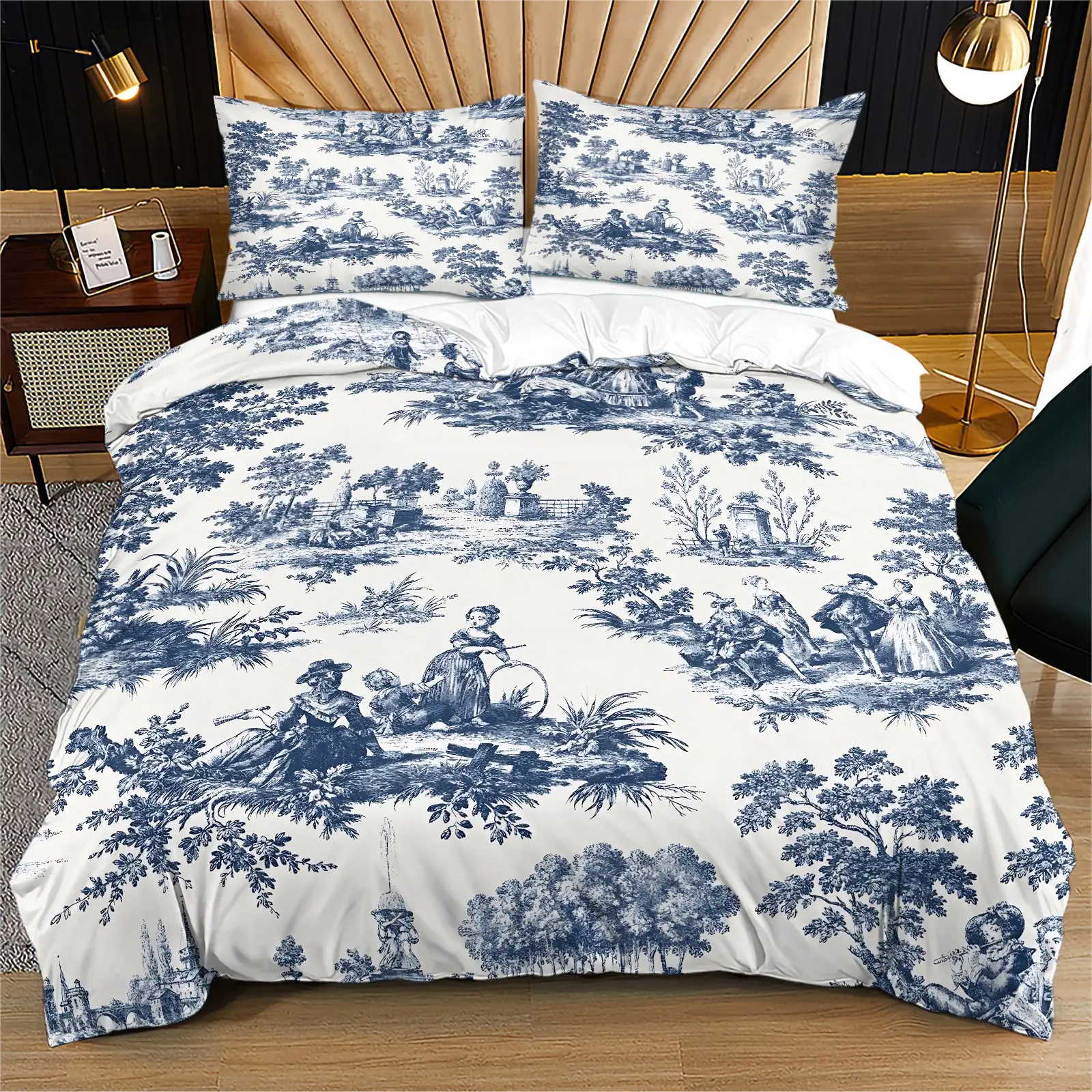 Vintage Blue Toile De Jouy Rural Scenery Print Duvet Cover Set, Classic French Country Landscape Pattern Bedding Set, Soft Breathable Washable Bed Cover With Zipper & Corner Ties, Includes 2 Pillowcases - without Core