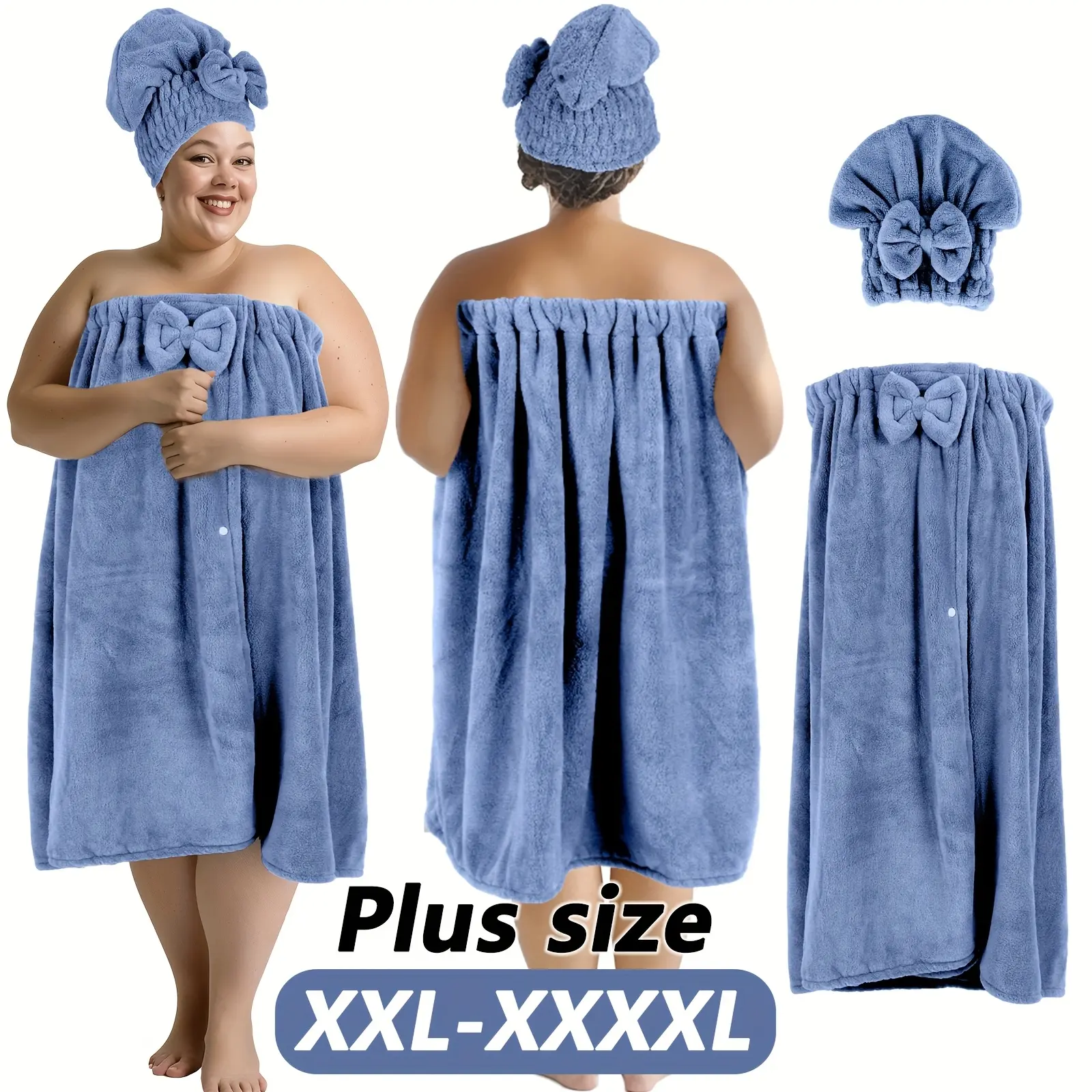 2pcs Set 80*215cm 350gsm Plus Size Bathrobe + Shower Cap with Adjustable Suitable for XXXL-XXXXL Thickened Bathrobe Suitable for Home and Travel Sweat Steaming 31.5*84.65in