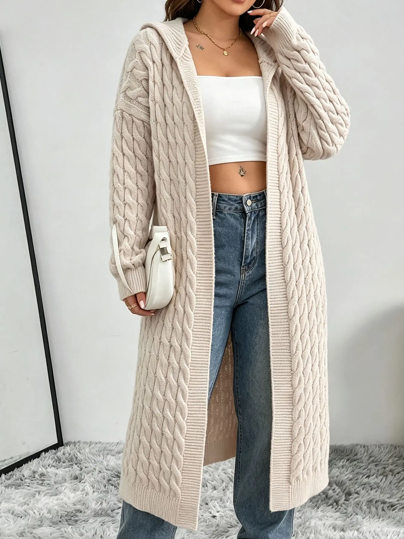 Plus Size Elegant Casual Cable Knit Long Open Front Cardigan, Oversized Lantern Sleeve Maxi Knit Coat for Women, Winter Office Daily Wear