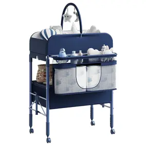 Adjustable Height Baby Changing Table with Wheels, Collapsible Diaper Station with 2 Drawers & Storage, Mobile Nursery Organizer with Waterproof Top for Newborns