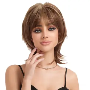 Euro American Brown Highlights Wig Mullet Cut Layered Full Head Short Hair