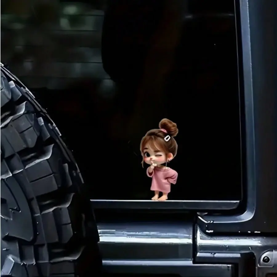 Cute Blinking Girl Hair Braid Whisper Gesture Car Sticker, Waterproof Vinyl Decal, Cartoon Little Girl Window Grill Motorcycle Decoration