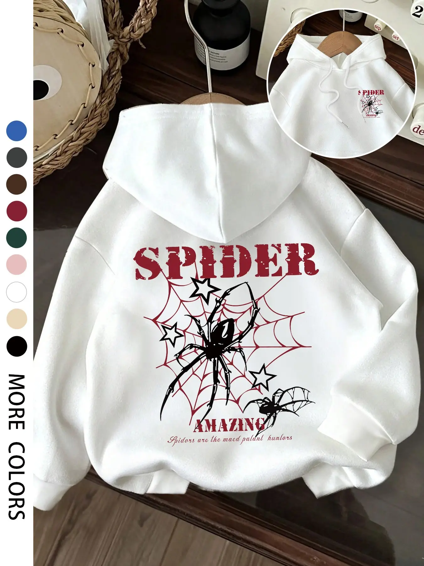 Women's Hooded Pocket Sweatshirt, Spider Print, Halloween Casual Long Sleeve Top, Soft Comfortable Fabric, Fall & Winter Wear