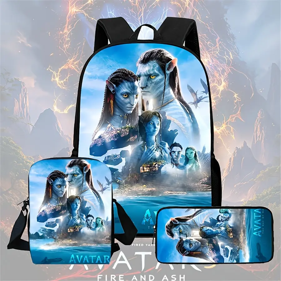 Durable Water Resistant 3-Piece Kids Backpack Set, Lightweight School Pack with Lunch Box & Pencil Case, 600D Oxford With Avatar Pandora Na'vi Family Movie Print, Breathable Padded Straps, 15-inch Laptop Space, PEVA Insulated Lunch Bag for School Use, Amp