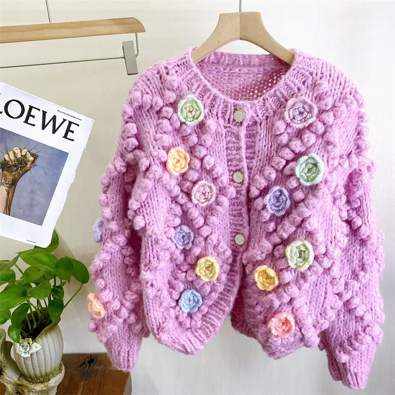 MIAO Women's Handknitted Purple Sweater  Cardigan 3 Buttons 3d Flowers outfits Y2K Style Crochet Design Cozy Fashion  Knitwear Knitting Tops Long Sleeve