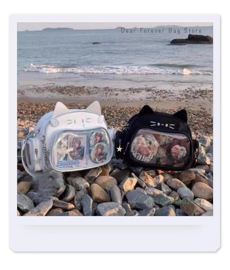 Y2K Korean Cute Cat Ita Bag Japan Kawaii PU Crossbody Bag Girls Transparent Pocket Harajuku Shoulder Bag Silver Fashion Backpack