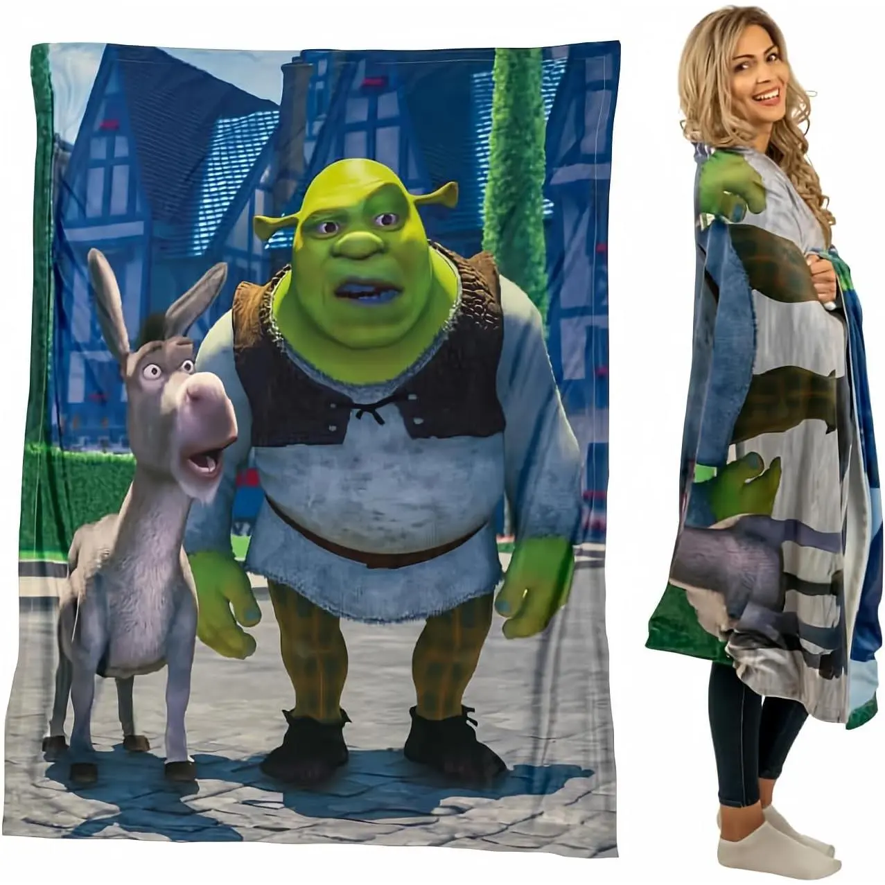 Dreamworks Shrek Flannel Throw Blanket Classic Shrek And Donkey Character Picture Medieval Village Background All Season Soft Fleece Throw Blanket Animation Fan Dorm Sofa Bedroom Decor Gift