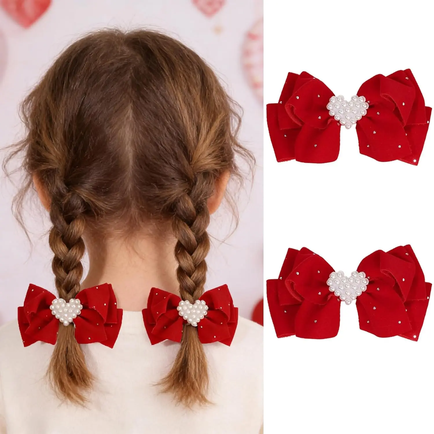 Valentines Bow Hair Clips Heart Hair Bow Clips Red Ribbon Hair Clip with Pearl Rhinestone Cute Love Heart Bowknot Hair Barrettes Spring Summer Hairpins Valentine Holiday Party Accessory for Women