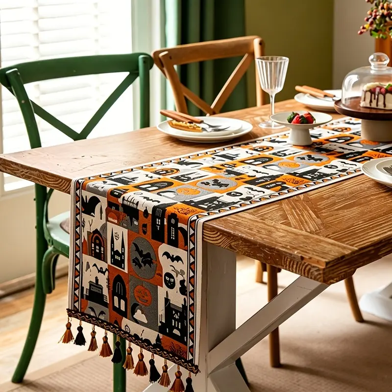 Kitchen Household Table Linen Table Runner, Halloween Skull Bat Thanksgiving Pumpkin Tassel Table Scarf, Decorative Seasonal Table Cover Ornament For Dining Room, Tea Table And Entry Cabinet Kitchen Layout