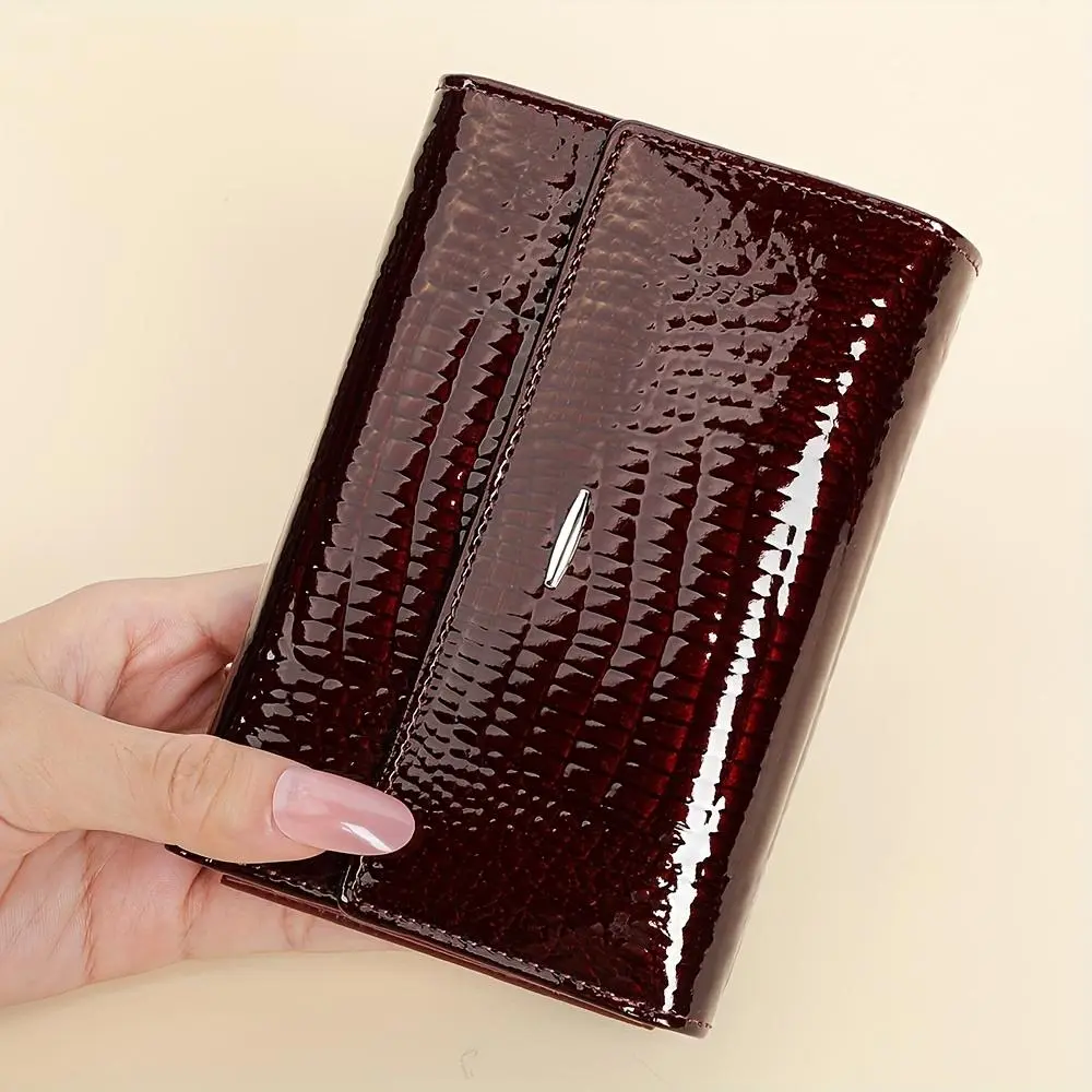 Genuine Leather Wallet Head Cowhide Leather Clutch Multi Card Position Suitable for Both Men and Women with Photo Position with Coin Zipper Pocket Magnetic Clasp Design Pure Color Embossed Crocodile Pattern Valentine's Day Gift Gift for Girlfriends