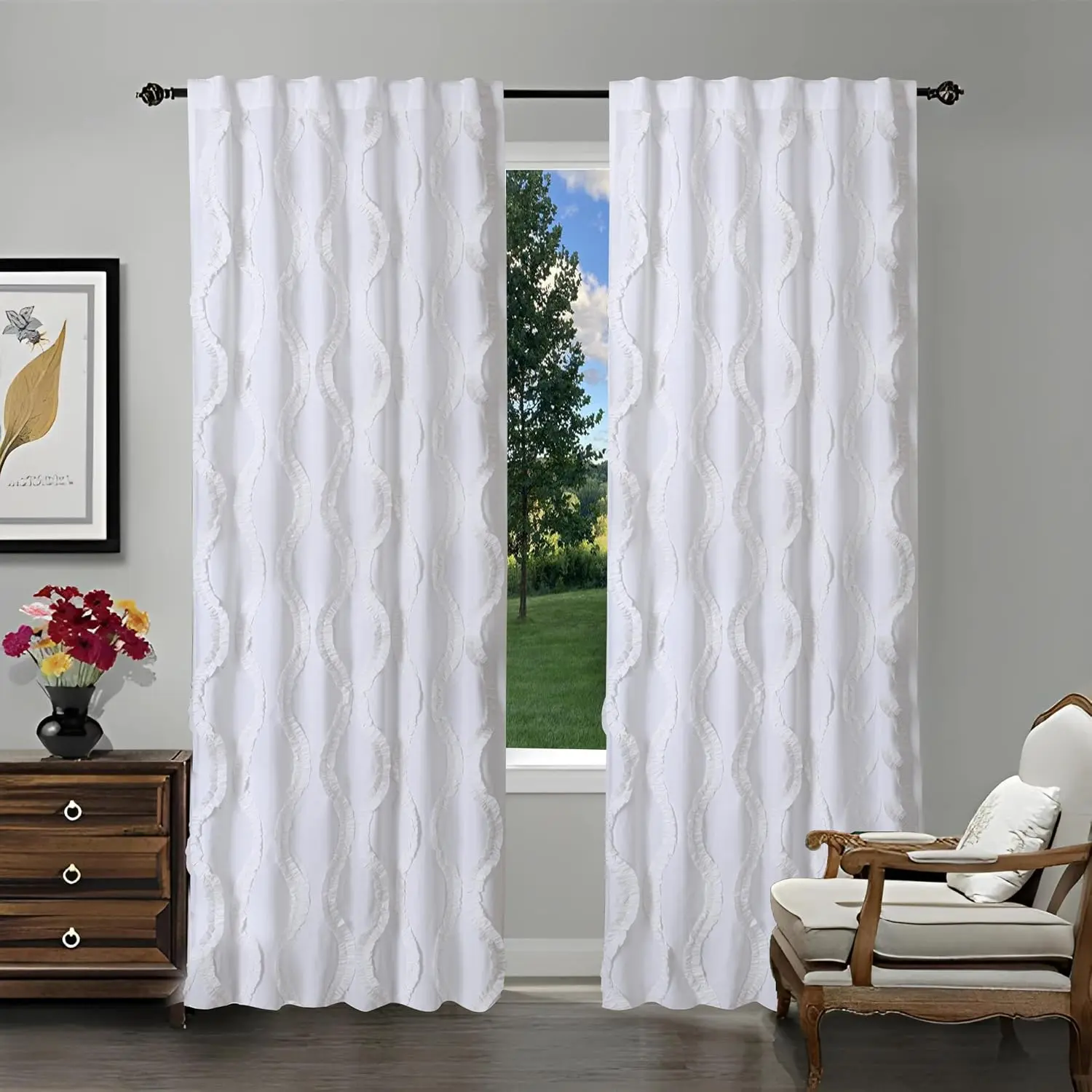 n White   Curtains 96 Inch - Tab Top Drapes with Frills for Living Room, Bedroom - 50x96 Inch Long Panels, Rustic Country Style, Washable Window  Set
