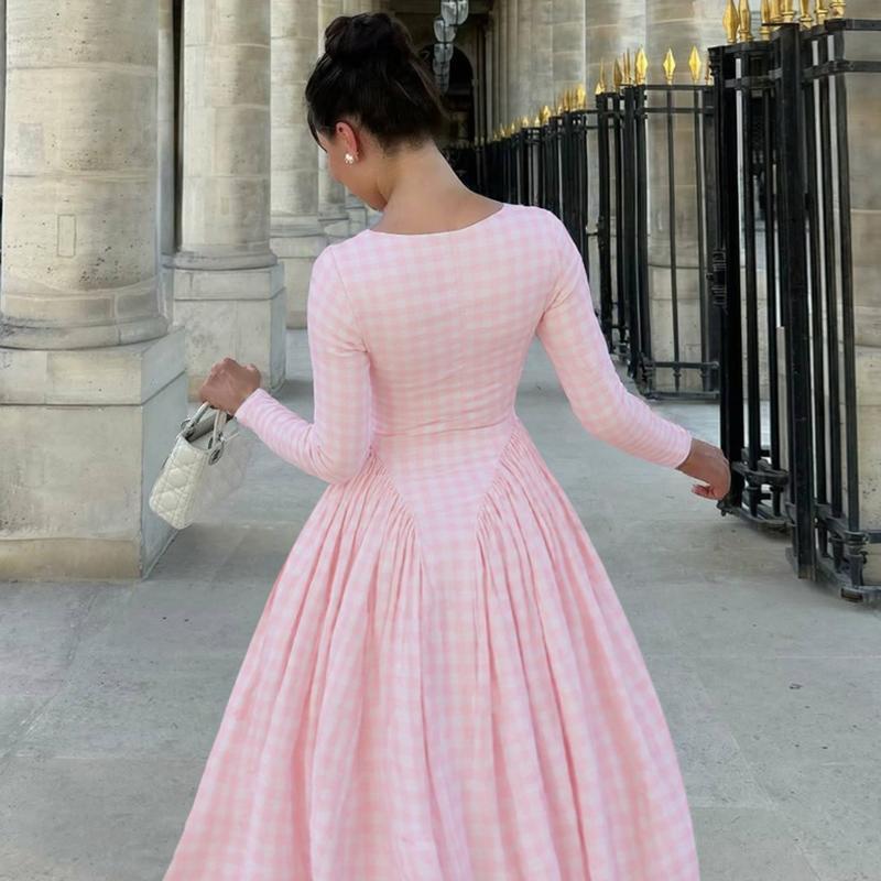 Plaid Print Square Neck Long Sleeve A-Line Midi Dress with Pleated Waist Women's 2025 Fall New Casual Elegant Dress Party Night Club Dating Holiday Vacation Outfit Dress
