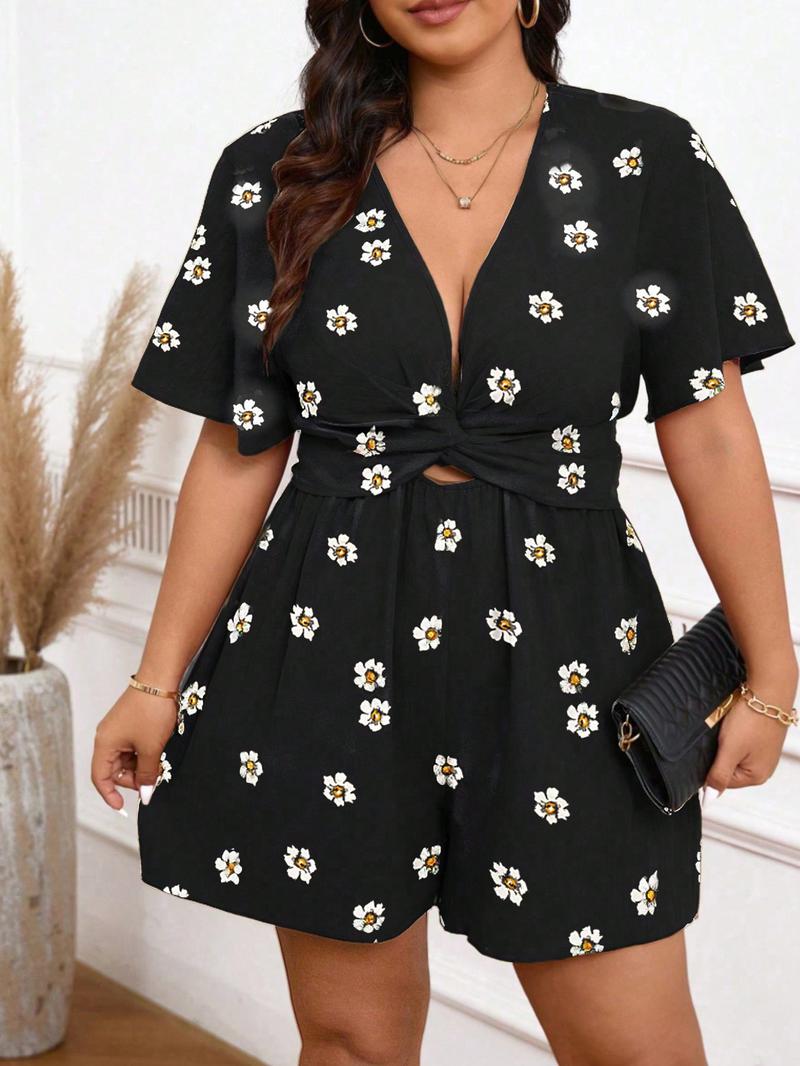 【Plus Size】 Floral Print Rompers, Womenswear Casual Fashion Short Sleeve Romper for Daily Outdoor Wear, Women's Plus Clothing for All Seasons