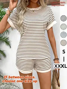 S-3XL, Two-Piece Set Women's Striped Print BatwingSleeve Tee & Shorts, Casual Round Neck Top & Shortsfor Summer, Ladies Clothes for Daily Wear, Loungewear LoungeShorts Set
