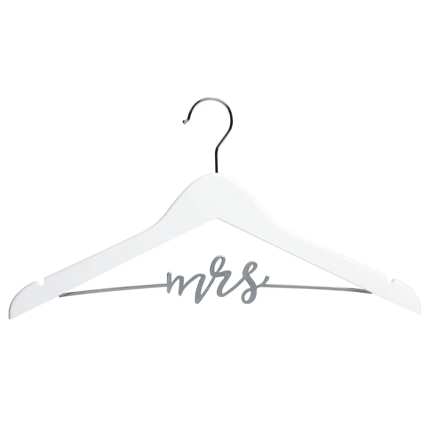Mrs. Wedding Dress Hanger, Wooden Bridal Gown Hanger with Cursive Wire Lettering, Wedding Photo Prop and Bridal Keepsake, White and Silver