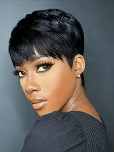 Straight Human Hair Wig for Women Pixie Cut Full Machine Made Wig 150% Density 6 Inch Wig Ideal for Daily Use and Special Occasions like Christmas and New Year Party