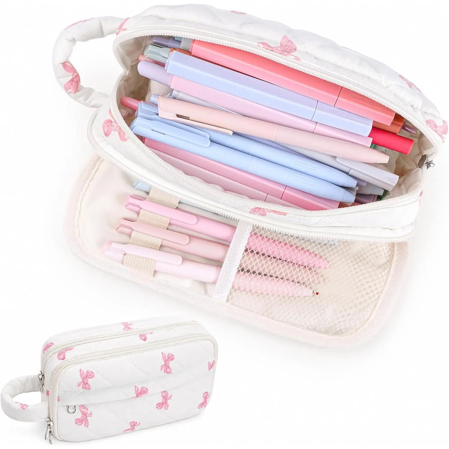 Quilted Pencil Case Pouch for Girls, Soft Puffy Floral Pen Case with Compartments & Handle, Aesthetic Cute Pen Bag Organizer for School Supplies, Machine Washable (Soft )