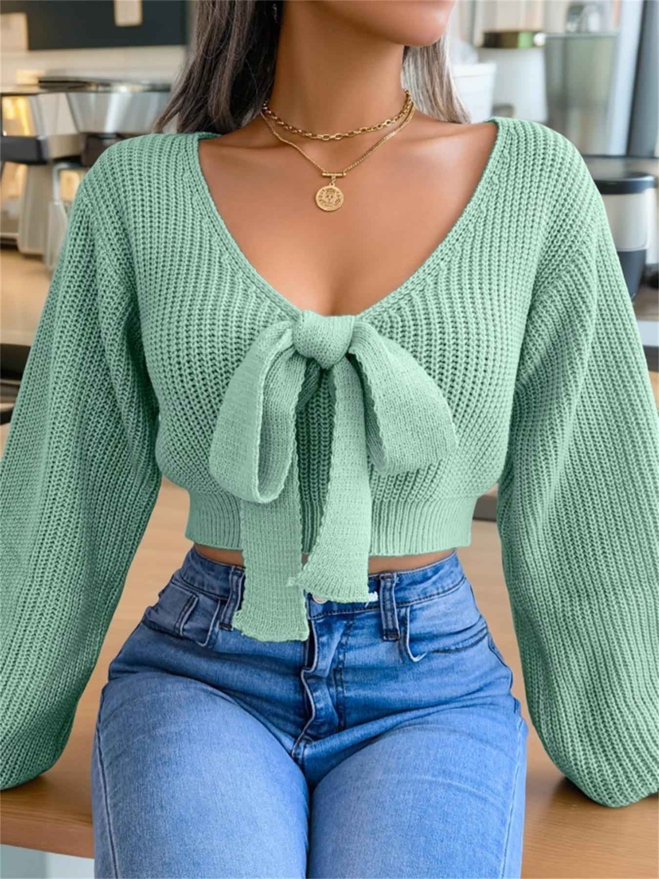 Women's Plain Bow Decor Tie Front Fitted Crop Sweater, Casual Chic Bishop Sleeve V Neck Jumper for Fall & Winter, Women's Knitwear for Daily Wear