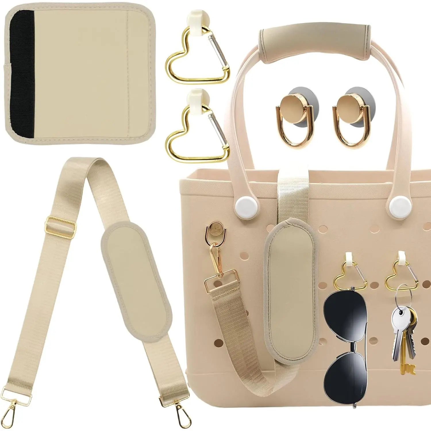 LBU Unisex Crossbody Shoulder Strap for Bogg Bag Accessories, Neoprene Grip Wrap, Detachable Pad, 2pcs Heart Keychain Holders, D-Shaped Screw & Nut, Adjustable for XL/Medium/Small Rubber Tote Beach Bags, D-Shaped Screw And Nut