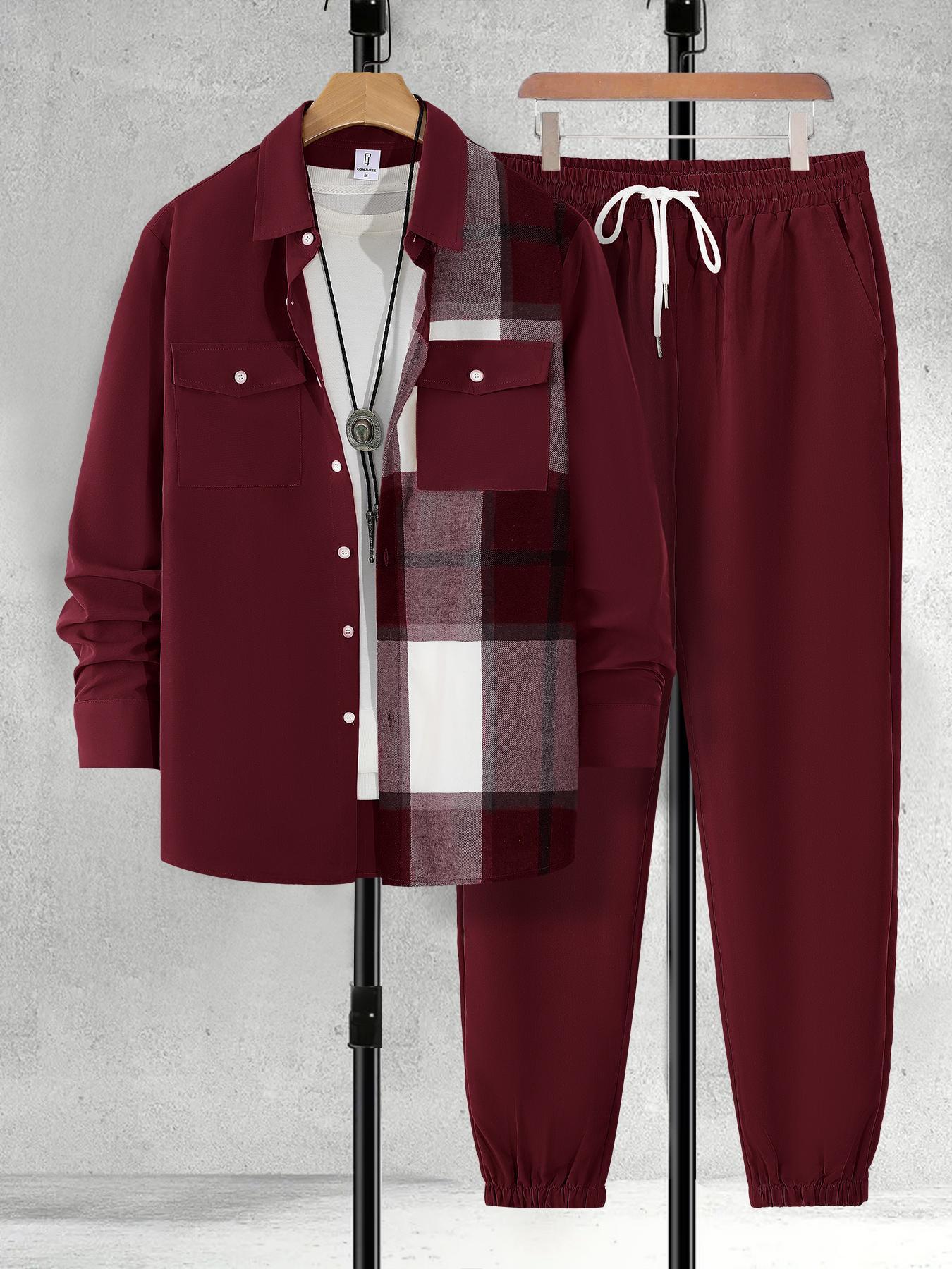 Men's Plaid Patchwork Shirt & Belted Pants Set, Casual Two-Piece, Comfortable Loose Fit, Long Sleeve Top & Pants Sleepwear