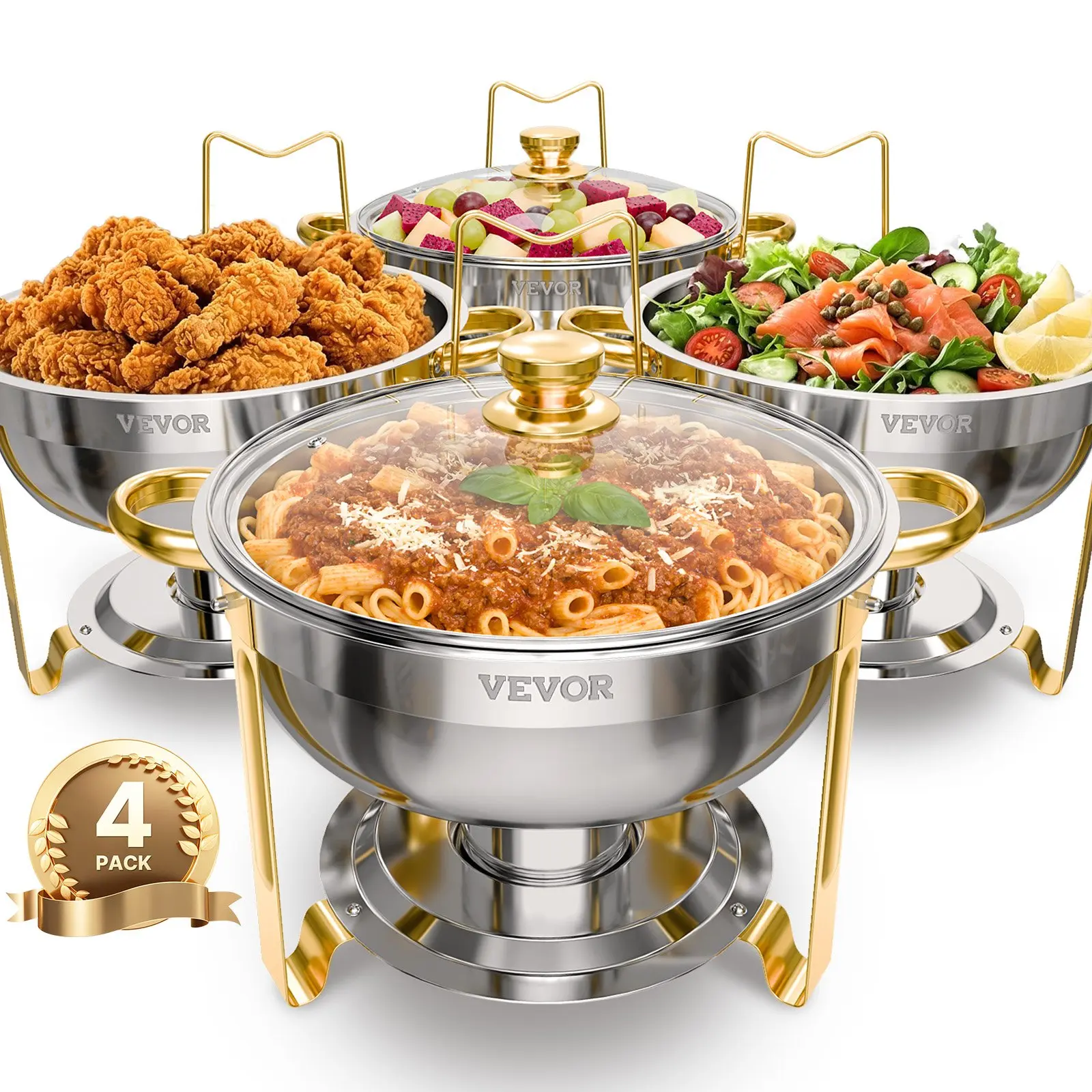 VEVOR Set of 4 Stainless Steel Round Chafing Dish Buffet Servers, 5 Qt Full Size Stainless Steel Pans, Glass Lids, Water Pans, Folding Stands, Fuel Holders, Gold Catering Warmers for Wedding Party, Banquet