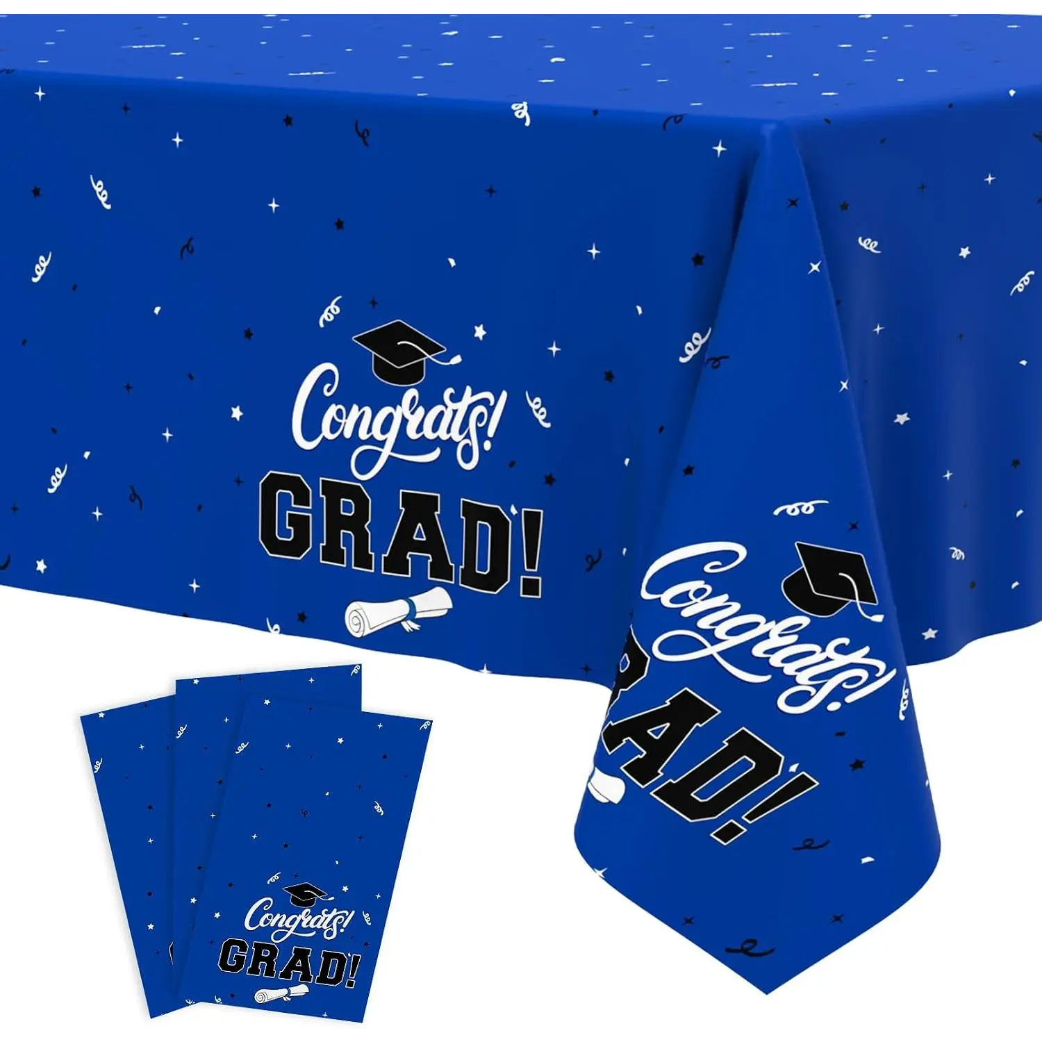 Graduation Tablecloth 2026, 3 Pack Disposable Plastic Table Covers 54" x 108", Congrats Grad Party Supplies for College & High School Graduation (Blue)