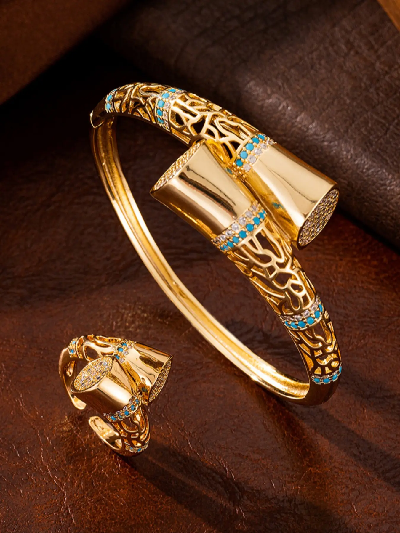 Dubai Women's Bracelet Set with Ring, 21k Gold Plated Arabic Geometric Bracelet, Islamic Lucky Charm, Nigerian Wedding Party Jewelry, Jewelry Sets