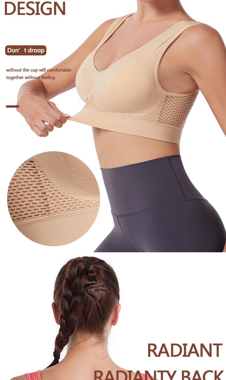 Hollow mesh sports bra women's shockproof vest running yoga fitness bra beautiful back gathering plus size amazon