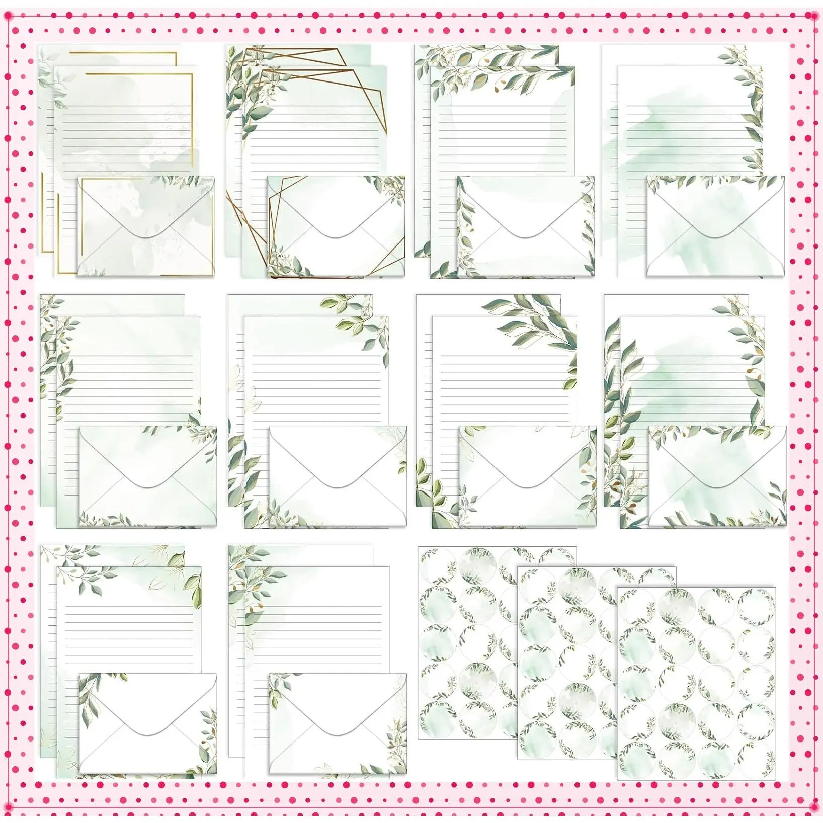 160 Pcs Eucalyptus Stationery Paper and Envelopes Set, 5.5 x 8.25 Inch Letter Writing Kit with 50 Double-Sided Sheets, 50 Matching Envelopes, 60 Round Dot StickersGift