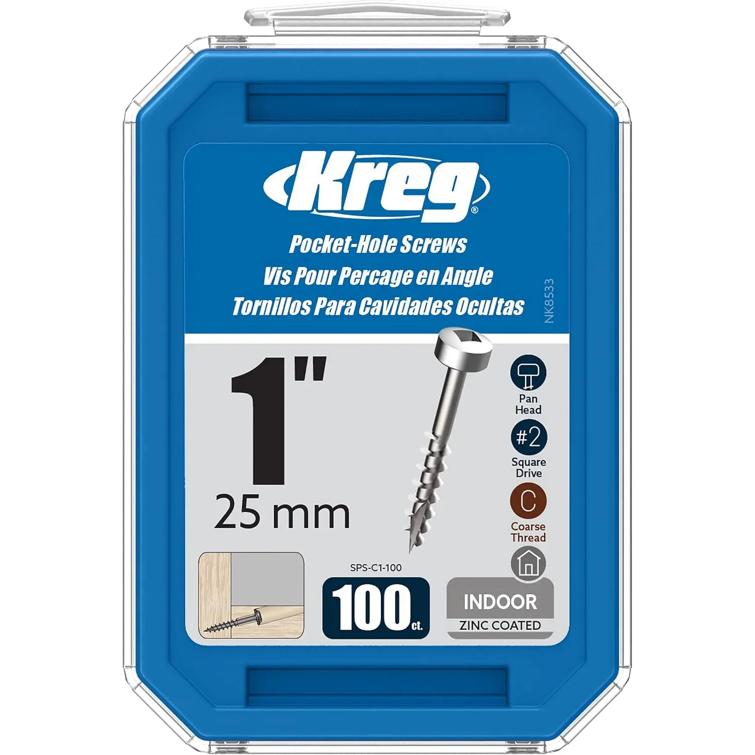 Kreg Zinc Pocket-Hole Screws - SPS-C1-100 - 1-Inch - Coarse Thread - Pan  - Indoor - 100 Count